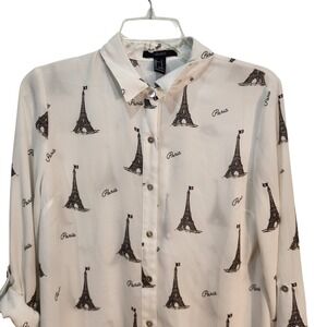 Forever 21 Eiffel Tower French Flag Paris Print Button‎ Down Shirt Size S